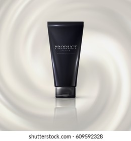 Cosmetics product ads poster template. Cosmetic mockup design. Black cream tube package on swirling creamy background. 3d vector illustration.
