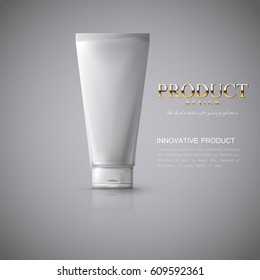 Cosmetics product ads poster template. Cosmetic mockup design. Cream tube package on reflective light background. 3d vector illustration.