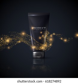 Cosmetics product ads poster template. Cosmetic mockup design. Black cream tube package on reflective black background with shiny glittering stream. 3d vector illustration.