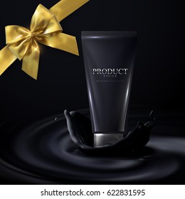 Cosmetics product ads poster template. Cosmetic mockup design. Hair dye cream tube package with splashing substance and golden bow. 3d vector illustration. Haircare product