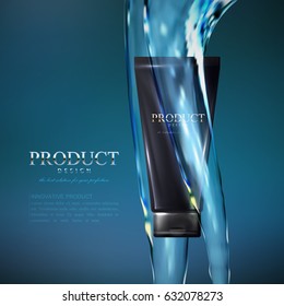 Kosmetische Produkte Werbung Plakatvorlage. Kosmetische Verpackung Muster Design. Feuchtigkeitsspendende Gesichts- oder Körpercreme-Röhre mit fließenden, transparenten Wasserströmen. 3D-Vektorgrafik für das Modemagazin.