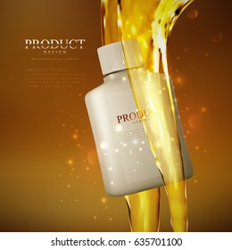 Cosmetics Product. Ads Poster Template. Cosmetic Packaging Mockup Design. Bottle With Fluid Transparent Oil Streams. 3d Vector Illustration For Fashion Magazine.