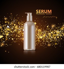 Cosmetics product ads poster template. Cosmetic mockup design. White serum bottle package with shiny glittering stream of sparkles and stars. 3d vector illustration.