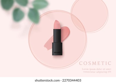 Cosmetics product ads template on pink background with lipsticks and leaves.