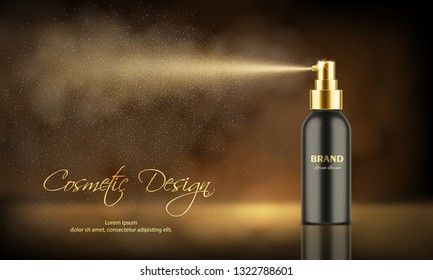 Cosmetics product advertising poster template. Luxury spray bottle, deodorant or freshener with mist of atomizer. Package mockup. Realistic 3d vector illustration on dark bokeh background 
