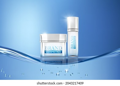 Cosmetics product advertising with water on blue background. Realistic vector illustration .