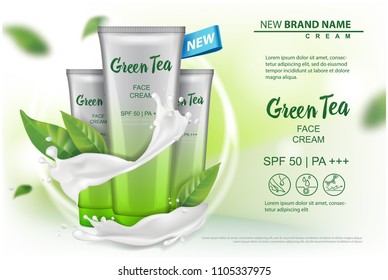 Cosmetics product with green tea extract advertising for catalog, magazine. Vector Mock up of cosmetic package. cream, gel, body lotion for your design