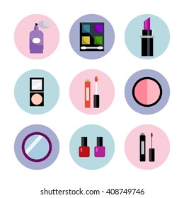 Cosmetics product. Cosmetics icons. Big set of decorative cosmetics. Flat illustration of cosmetic elements. Make up vector details. Make up elements.