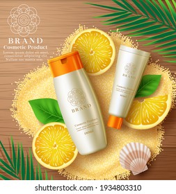 Cosmetics product mock up vector template design. Cosmetic sunscreen product with organic lemon essence for body and face skin care protection brand leaflet advertisement. Vector illustration