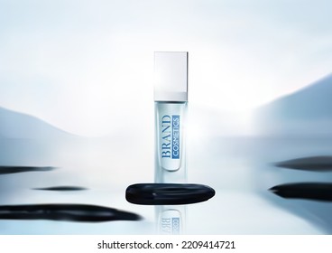 Cosmetics product and natural materials on black stone a water background . Makeup products brand