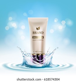 Cosmetics product on background of water splash and light blue bokeh. Vector illustration EPS10