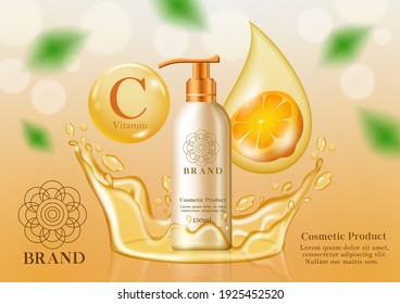 Cosmetics product orange mock up vector banner template. Cosmetic lotion element product with natural extract for skin care whitening promotion advertisement design. Vector illustration