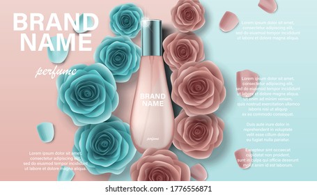 Publicidad de perfumes de productos cosméticos para su diseño. Plantilla de paquete de promoción de marca para catálogo, afiche. Anuncio de Perfume con flores rosadas y verdes de rosa Ilustración 3d