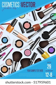 Cosmetics product poster. Makeup accessories set. Cosmetics promotion flyer with date and time. Brushes, powder palettes, lipstick, eye pencil, nail polish vectors. For beauty salon, shop discount ad