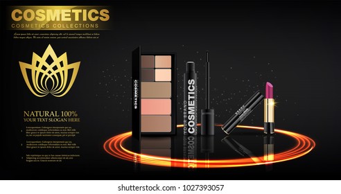 Cosmetics product presentation poster. Makeup accessories set. Cosmetics promotion flyer with date and time. Brushes, powder palettes, lipstick, eye pencil, nail polish vectors. 