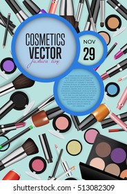 Cosmetics product presentation poster. Makeup accessories set. Cosmetics promotion flyer with date and time. Brushes, powder palettes, lipstick, eye pencil, nail polish vectors. For beauty salon, shop