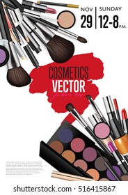 Cosmetics product presentation poster. Makeup accessories set. Cosmetics promotion flyer with date and time. Brushes, powder palettes, lipstick, eye pencil, nail polish vectors. For beauty salon, shop