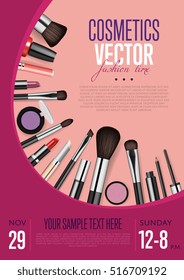 Cosmetics product presentation poster. Makeup accessories set. Cosmetics promotion flyer with date and time. Brushes, powder palettes, lipstick, eye pencil, nail polish vectors. For beauty salon, shop