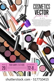 Cosmetics product presentation poster. Makeup accessories set. Cosmetics promotion flyer with date and time. Brushes, powder palettes, lipstick, eye pencil, nail polish vectors. For beauty salon, shop