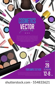 Cosmetics product presentation poster. Makeup accessories set. Cosmetics promotion flyer with date and time. Brushes, powder palettes, lipstick, eye pencil, nail polish vectors. For beauty salon, shop