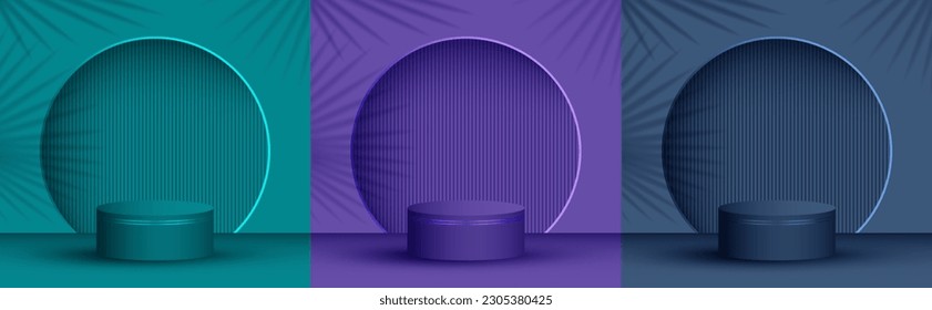 Cosmetics product presentation stage, studio room pedestal vector illustration. Palm leaves shadow on background wall. Podium display scene set. Pillar stage platform presentation arena.