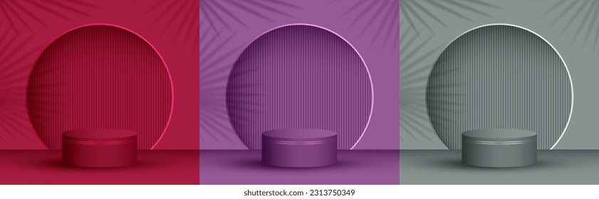 Cosmetics product presentation stage, studio room pedestal vector illustration. Palm leaves shadow on background wall. Podium display scene set. Base stage platform presentation pedestal.