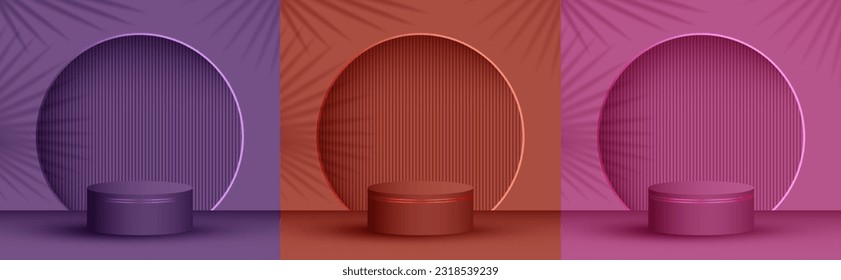 Cosmetics product presentation stage, studio room pedestal vector illustration. Palm leaves shadow on background wall. Podium award scene set. Pillar stage platform presentation arena.