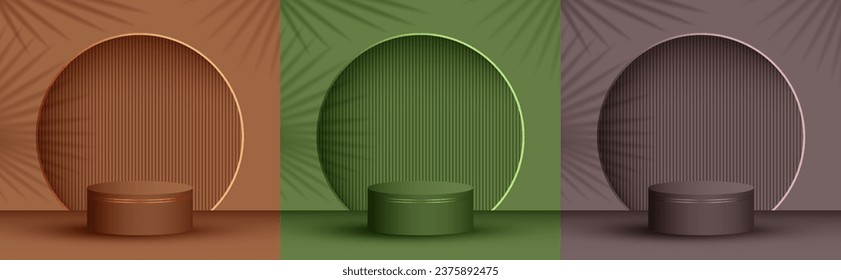 Cosmetics product presentation stage, studio room pedestal vector illustration. Palm leaves shadow, arch wall. Podium award scene set. Pillar stage platform presentation arena.