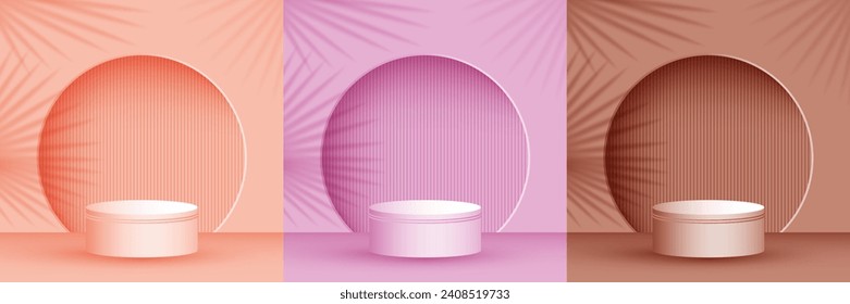 Kosmetikproduktpräsentation Bühne, Studioaufnahme, Vektorgrafik. Die Palme lässt Schatten auf der Hintergrund-Wand. Podium-Display-Szene-Set. Pillar Bühne Plattform Präsentation Arena.