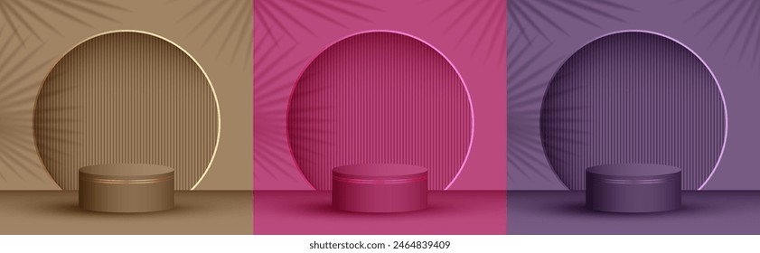 Etapa de presentación de productos cosméticos, Ilustración vectorial de pedestal de sala de estudio. La palma deja sombra en la pared del fondo. Conjunto de escena de premio del podio. Arena de presentación de la plataforma del escenario del pilar.
