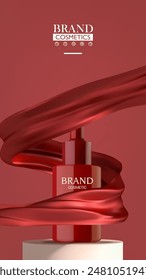 Cosmetics product in red fabric on podium or stage . Packaging mockup design.3d vector illustration.