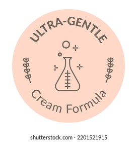 Cosmetics Product With Ultra Gentle Cream Formula For Skin Care And Treatment. Isolated Rounded Label With Flower Leaves And Beaker. Cosmetology And Dermatology. Vector In Flat Style Illustration