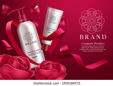 Plantilla de banner vectorial de productos cosméticos. Los productos cosméticos se burlan de un fondo elegante con elemento botellas en fragancia rosa para el diseño de publicidad de marca de cuidado de la piel en cara y cuerpo.