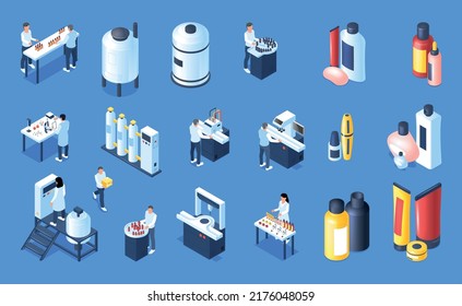 Conjunto de colores de producción de cosméticos de equipos de laboratorio y factoría y productos acabados iconos isométricos ilustración de vectores aislados