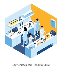 Composición isométrica de la fábrica de producción de cosméticos con personas que trabajan en laboratorio en nuevos productos ilustraciones vectoriales
