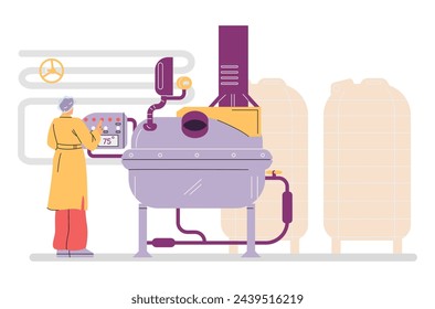 Cosmetics production industry. Mixer tank automatic machine with operator staff, factory process vector illustration. Cartoon quality control and technology adjustment