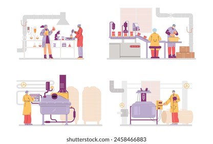 Cosmetics production industry vector illustrations set. Moving automatic conveyor line with bottles, mixer tank and filling machine with staff. Cartoon technology control, laboratory and packing