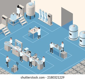 Cosmetics production isometric background with staff working in filling capping and package of product vector illustration