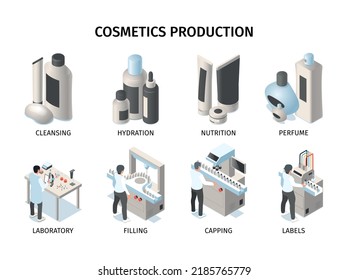 Composiciones isométricas de producción de cosméticos con comentario incluyendo la limpieza hidratación nutritiva perfume de etiquetas de relleno de laboratorio ilustraciones vectoriales aisladas