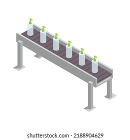 Cosmetics production isometric icon with empty dispenser bottles on conveyor line 3d vector illustration