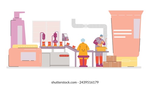 El proceso de producción de cosméticos se representa en un vector aislado plano. La ilustración muestra a los operadores en el trabajo, una cinta transportadora de productos terminados y equipos de laboratorio detallados.