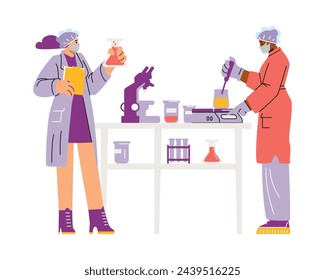 Herstellungsverfahren für Kosmetika. Vektorgrafiken von Zeichen, die Produkte testen, Defekte erkennen und die Sicherheit von Kosmetika in einem medizinischen Labor gewährleisten. Isolierter Hintergrund.