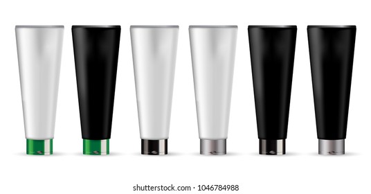 Cosmetics products ad template. Cosmetic mockup design. 
Cream tubes package with black green and silver lid. 
3d vector illustration