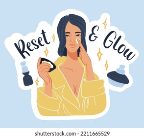 Cosmetics products and care for woman, reset and glow. Shiny skin and healthy look of lady. Creams and serums, lotions for rejuvenating and moisturizing effect. Vector in flat style illustration