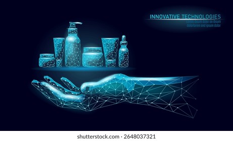 Conceito de produtos cosméticos na mão humana. Skincare itens de beleza realizada com olhar digital moderno. Higiene do spa de beleza. Estilo de vetor poligonal de baixo plano de fundo escuro