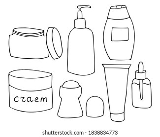 Cosmetics products doodle icons collection in vector. Hand drawn cosmetics products icons collections. Set of doodle skin care products icons in vector. 