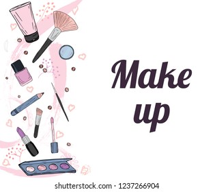 Cosmetics products, fashion makeup banner. Vector illustrations set on white background. Cosmetics shop, beauty salon.Nail polish, cosmetic brushes, makeup pencil, perfume, lipstick.