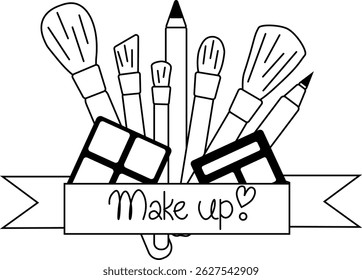 Cosmetics products, fashion makeup banner. Brushes, powder palettes, lipstick, eye pencil, composition. Vector graphic line illustration. Black and white cute cosmetic makeup art.
