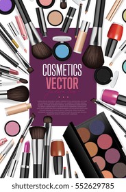 Cosmetics products, fashion makeup banner. Brushes, powder palettes, lipstick, eye pencil, nail polish realistic vector illustrations set on white background.