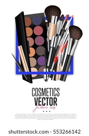 Cosmetics products, fashion makeup banner. Brushes, powder palettes, lipstick, eye pencil, nail polish realistic vector illustrations set on white background.